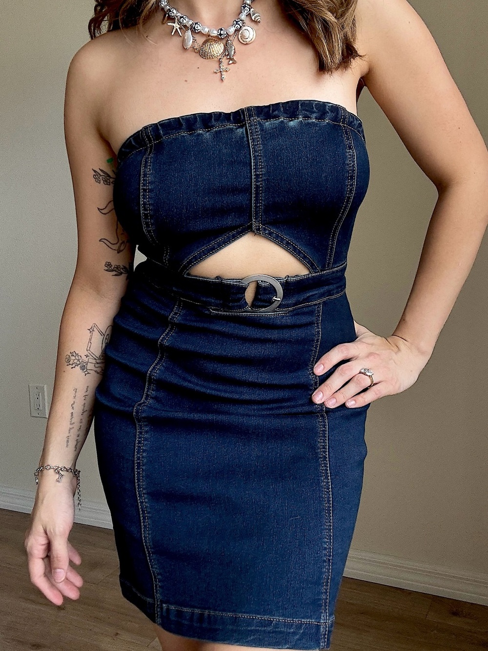Free People Dark Blue Strapless Denim Mini Dress with Cutout